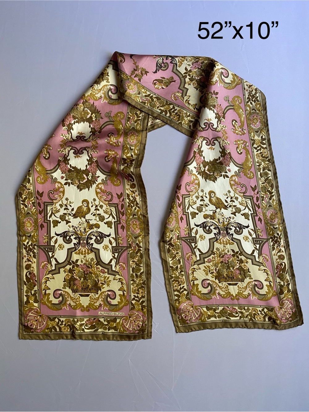 Vintage Alfred Sung Pink and Cream Ornate Silk Scarf with Beautiful Rolled Hems